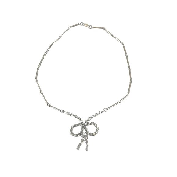 Vintage 1950s Glass Rhinestone Collar Bib Necklace With Bow Retro Style - Picture 3 of 6